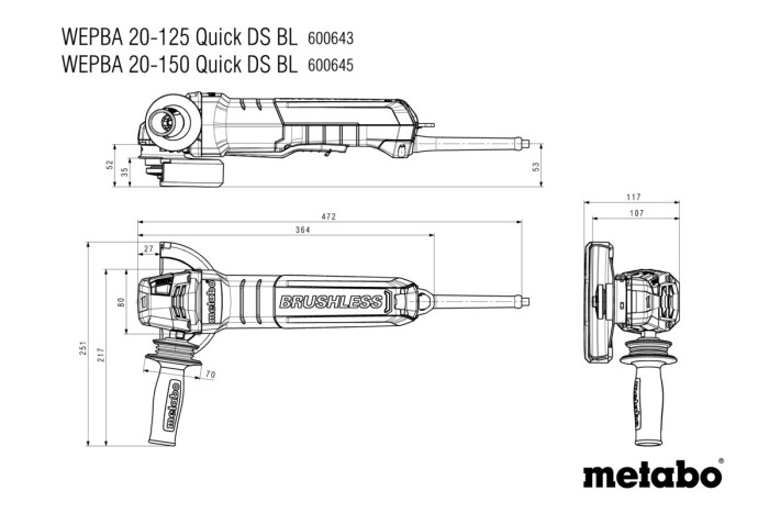 Кутова шліфувальна машина (болгарка) Metabo WEPBA 20-125 Quick DS BL (600643000)