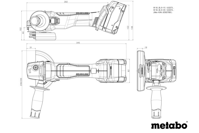 Акумуляторна кутова шліфувальна машина (болгарка) Metabo Set W 18 L BL 9-125 (691225000)