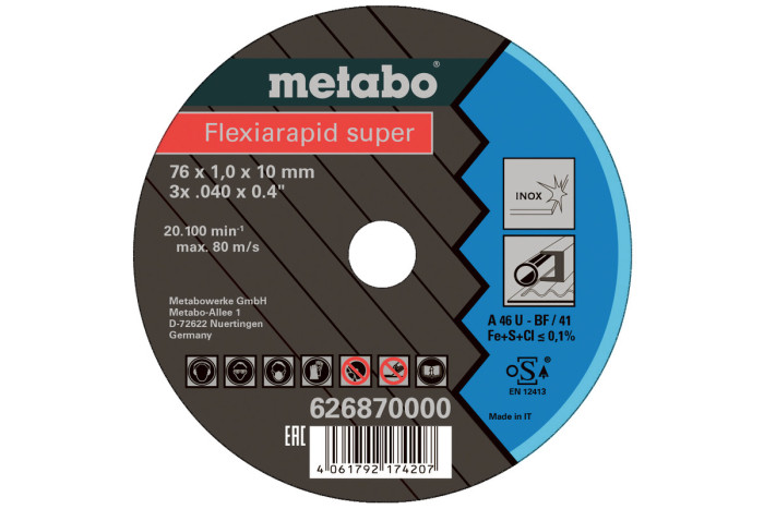 5 відрізних дисків Metabo Flexiarapid super 76x1,0x10,0 мм, Inox, TF 41 (626870000)